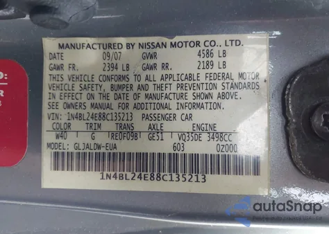 2008 Nissan Altima 3.5 Se z USA, uszkodzony, nr VIN 1N4BL24E88C135213